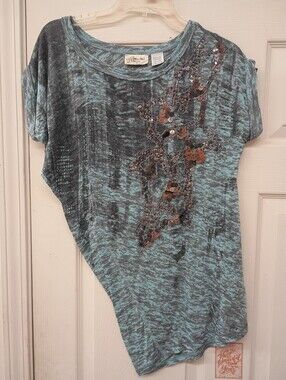 VINTAGE Miss Me Teal and Gray Short Sleeve Sequin Embellished Top